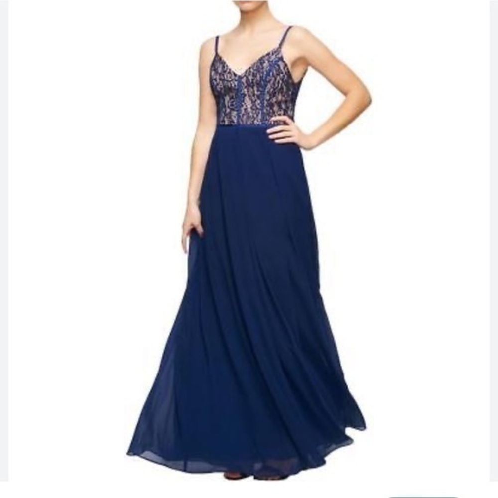 Fame and Partners Navy Grosgrain Piped Lace Bodice Evening Dress Size 8